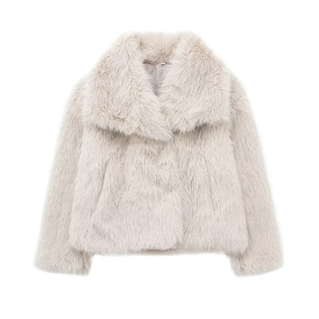 HH 2025 Vintage Women Cropped Faux Fur Jacket Long Sleeve Turn-Down Collar Female Plush Wool Coats Chic Lady Fur Outerwear