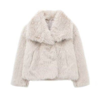 HH 2025 Vintage Women Cropped Faux Fur Jacket Long Sleeve Turn-Down Collar Female Plush Wool Coats Chic Lady Fur Outerwear