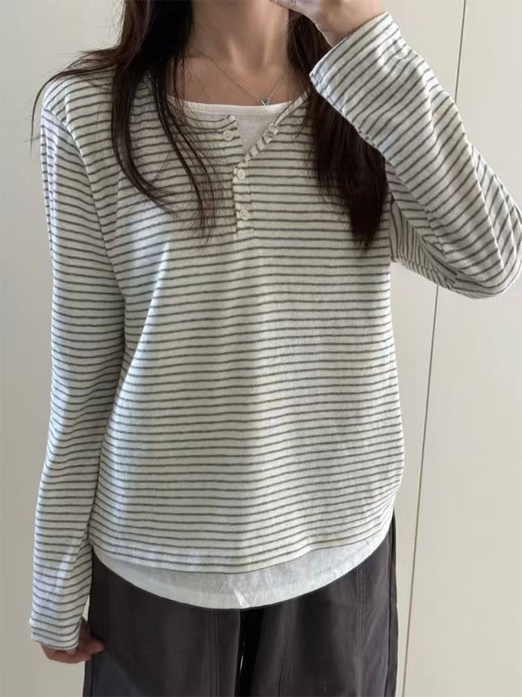 Stripe Button Long Sleeve T-shirt Slim Fit Fake Two-piece Women's Top 2025 Autumn Fashion Casual Long Sleeve Tops