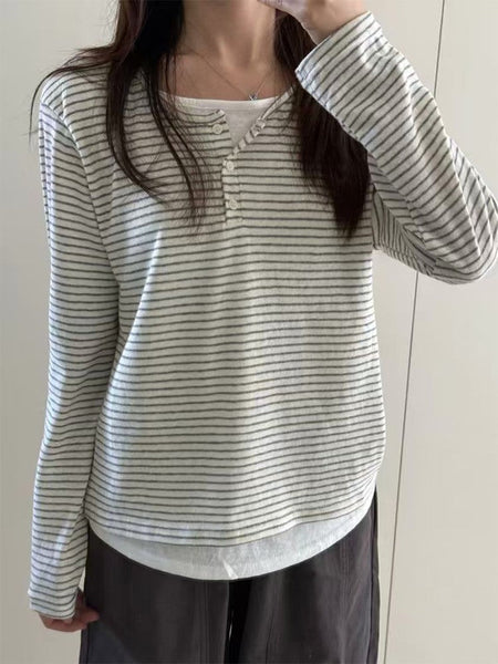 Stripe Button Long Sleeve T-shirt Slim Fit Fake Two-piece Women's Top 2025 Autumn Fashion Casual Long Sleeve Tops