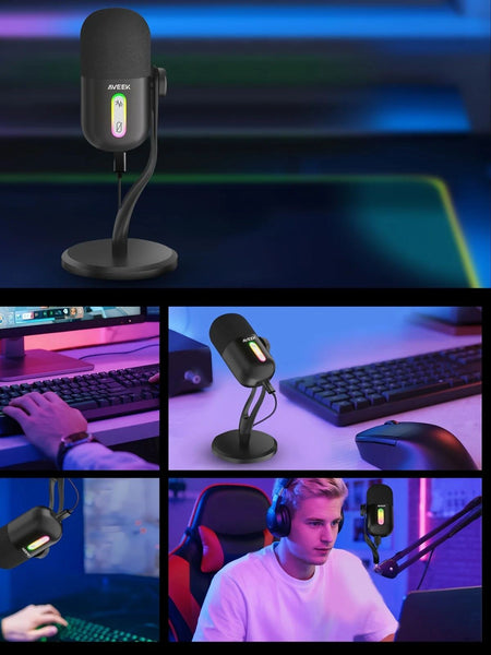 Aveek USB Condenser Microphone, Gaming Studio Microphone Mic For PC, PS4, PS5 And Mac, Tap-to-Mute Sensor, Noise Cancelling RGB