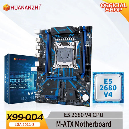 HUANANZHI X99 QD4 LGA 2011-3 Xeon Motherboard with Intel E5-2680 V4 Processor DDR4 Memory M.2 NVME SATA Support Non-ECC Combo