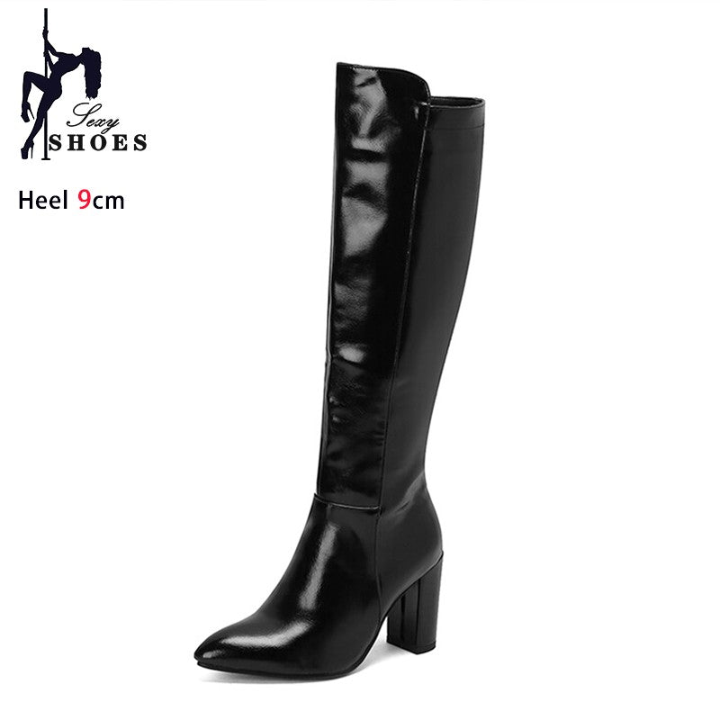 Sexy Women Knee High Boots Pointy Toe Chunky Heels 9CM Boot Large Size 44 45 46 With Zipper Winter Outdoors Leather Female Shoes