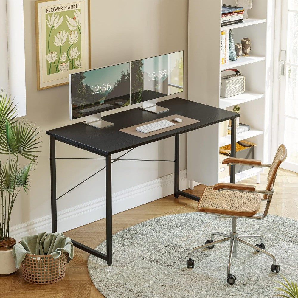 Contemporary Home Office Writing Desk, 40-inch Study Table with Sleek Black Metal Frame