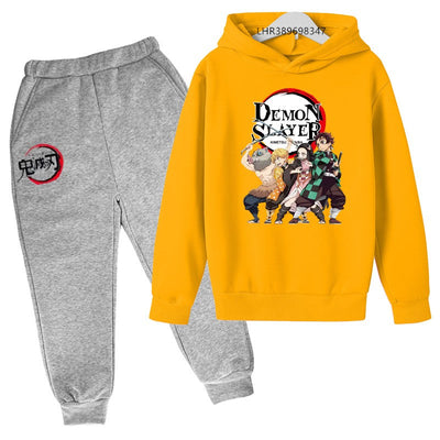 Anime Demon slaying ninja Suitable for children's hooded sweatshirt outerwear pants set autumn winter clothing for boys girls