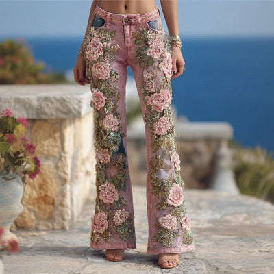 Women's Floral Embroidered High Waist Flared Jeans Vintage Boho Wide Leg Denim Pants for Party and Daily Outfits