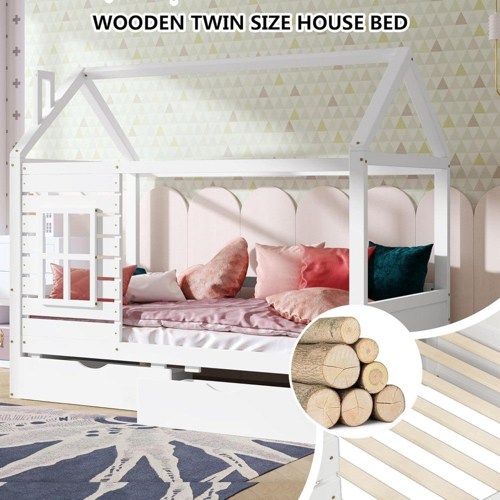 Aoowow Twin Size Kids House Bed with 2 Drawers, Wooden Twin Bed Frame with Window and Roof for Bedroom, Modern Twin Size Kid Pla