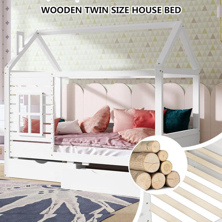 Aoowow Twin Size Kids House Bed with 2 Drawers, Wooden Twin Bed Frame with Window and Roof for Bedroom, Modern Twin Size Kid Pla