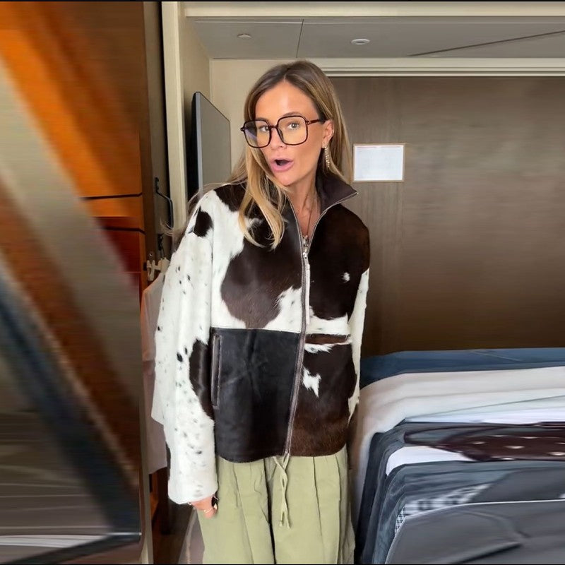 Fashion Women's Cow Print Jacket Lapel Collar Short Length Zipper Button Coats 2025 Autumn Winter Female Trendy Warm Outerwear
