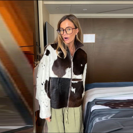 Fashion Women's Cow Print Jacket Lapel Collar Short Length Zipper Button Coats 2025 Autumn Winter Female Trendy Warm Outerwear