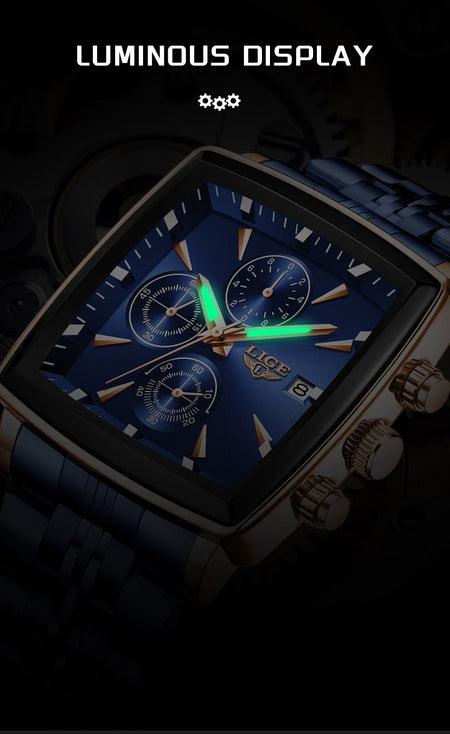 LIGE Top Brand Luxury Mens Watches Fashion Military Square Chronograph Quartz Wristwatches For Men Sports Waterproof Watch Men