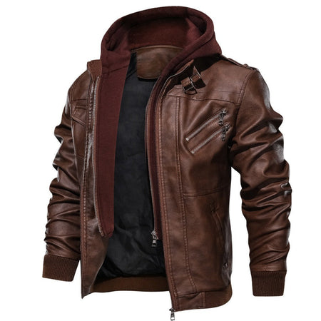 Male PU Hooded Collar Zipper Autumn Casual Slim Windbreaker Chaquetas Motorcycle Leather Jacket Men Winter Fleece Tactics Coat