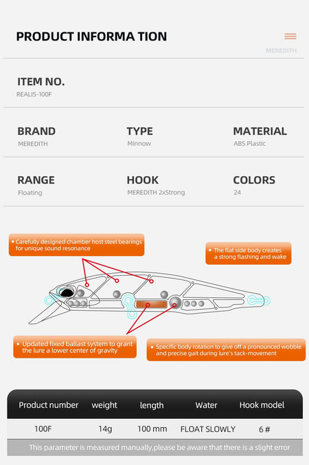 MEREDITH JERK MINNOW 100F 14g  Floating Wobbler Fishing Lure 24Color Minnow Lure Hard Bait Quality Professional Depth0.8-1.0m