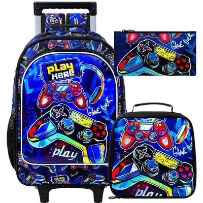 3PCS Rolling Backpack for Boys, Kids Roller Bookbag with Wheels, Gamer Wheeled School Backpack for Elementary Preschool Kinderga