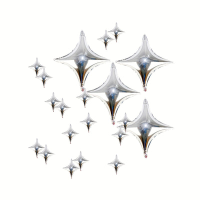 20-Pack of Silver Four-Pointed Star Balloons, Party Foil Balloons, 4 Silver Four-Pointed Star Balloons and 16 Silver 10inch Four-Pointed Star Balloons, Suitable for Birthday Parties, Theme Party Decorations