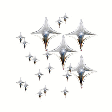 20-Pack of Silver Four-Pointed Star Balloons, Party Foil Balloons, 4 Silver Four-Pointed Star Balloons and 16 Silver 10inch Four-Pointed Star Balloons, Suitable for Birthday Parties, Theme Party Decorations