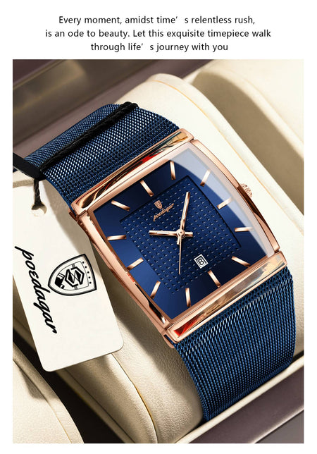 POEDAGAR Top Luxury Men Watch Stainless Steel Mesh Date Waterproof Luminous Man Wristwatch Casual Rectangle Quartz Men's Watches