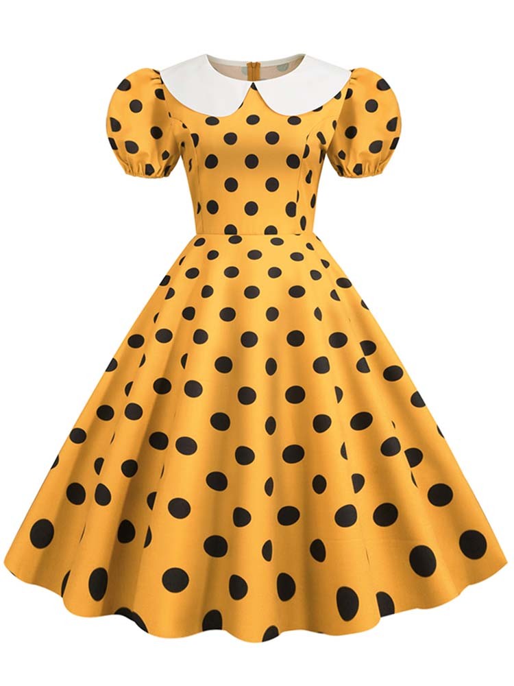 Elegant Women Summer Dress Puff Short Sleeve Polka Dot Peter pan Collar Vintage A-line Midi Long Party Sundress