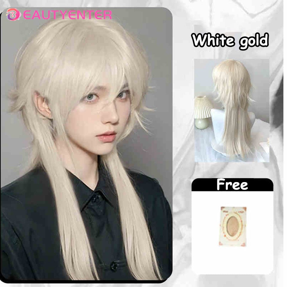 Mullet Head Wig Short Synthetic Straight golden black Fluffy Natural Wolf Tail Hair Men and Women Wig for Daily Party Cosplay