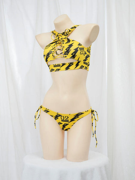 Anime Beach Girl Red Lip And Yellow Danger Warning Line Uniform Printing Bikini Swimsuit Underwear Women Outfits Cosplay Costume