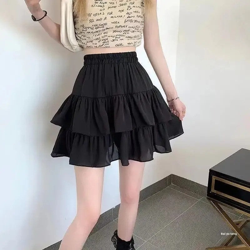 Pleated A-line Skirt White Women Ruffles Sweet Hottie Preppy Style Elastic Elastic Waist Slim Thin SimpleCasual Summer Wholesale