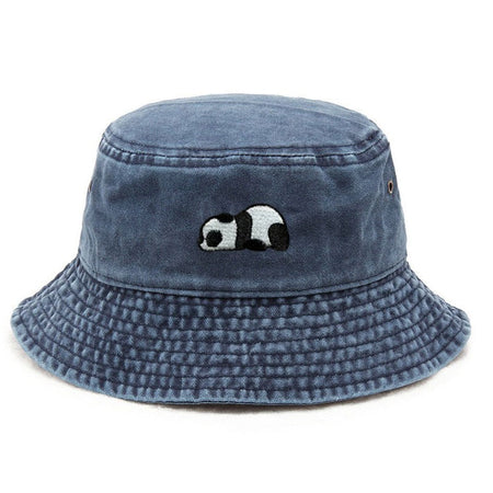 Panda Embroidery Washed Cotton Bucket Hat for Men Women Vintage Wide Brim Sun Protection Adjustable Outdoor Fishing Beach Cap