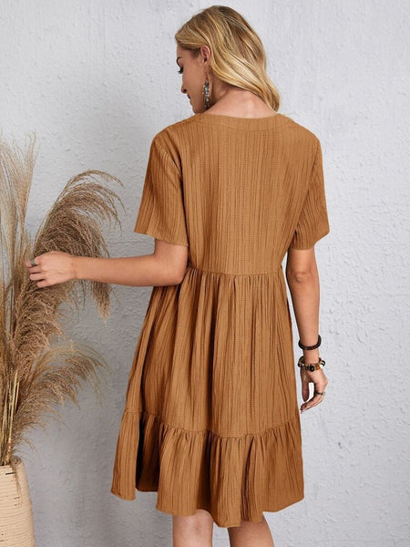 Women Elegant Short Sleeve V Neck Ruffles Dress Summer Casual Solid Loose Mini Dress Chic Bohemian Sundress Beach Party Vestidos