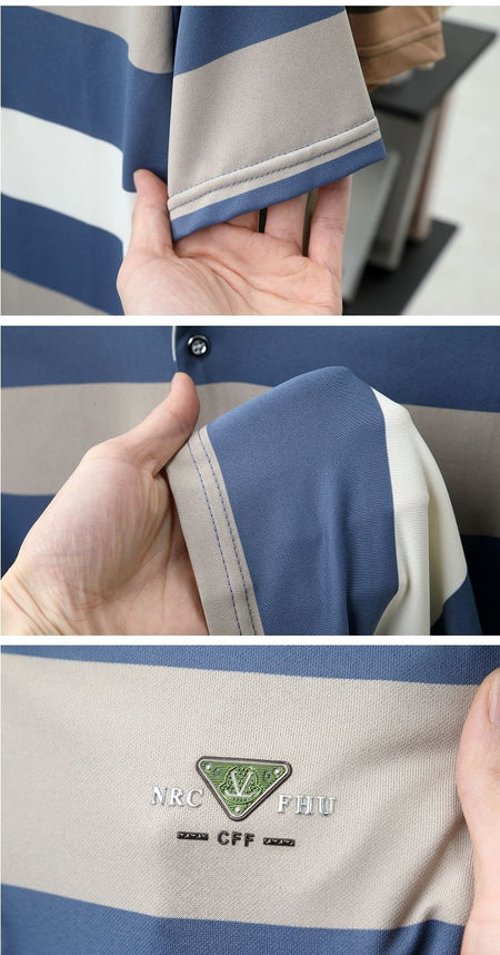100% pure cotton fashion short sleeve polo shirt men's luxury brand embossed wide stripe color blocked summer casual lapel top