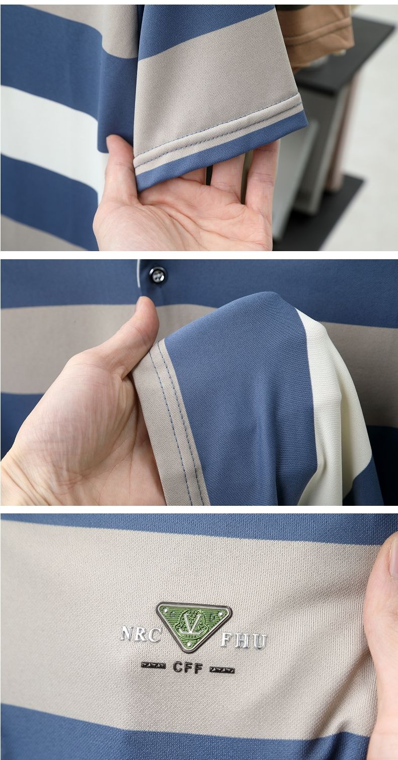100% pure cotton fashion short sleeve polo shirt men's luxury brand embossed wide stripe color blocked summer casual lapel top