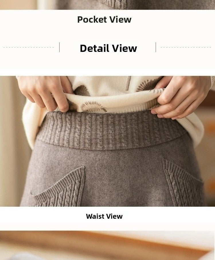 Autumn Winter Women's Mid-Length Knitted Pleated Skirt High Waist A-Line Long Skirt Loose Fuzzy Wool Skirt Double ket