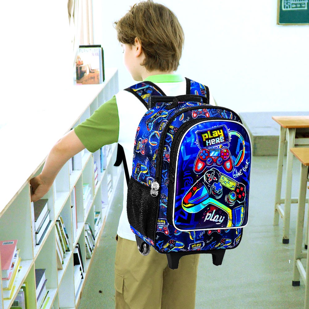 3PCS Rolling Backpack for Boys, Kids Roller Bookbag with Wheels, Gamer Wheeled School Backpack for Elementary Preschool Kinderga