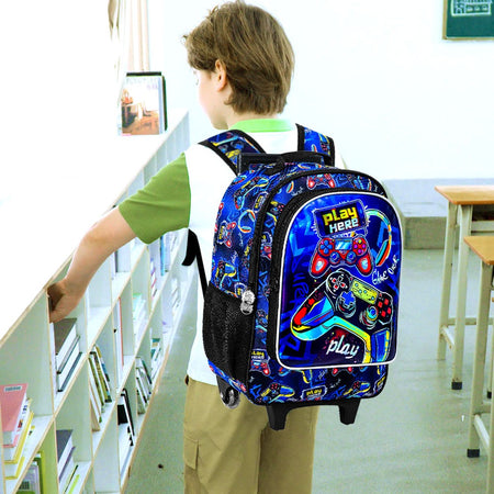 3PCS Rolling Backpack for Boys, Kids Roller Bookbag with Wheels, Gamer Wheeled School Backpack for Elementary Preschool Kinderga