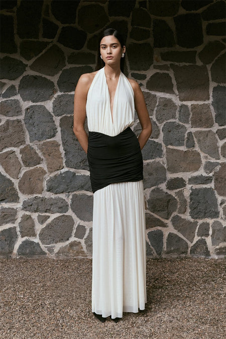 Mozision Patchwork Halter Backless Sexy Maxi Dress Women Gown Elegant Deep V Neck Sleeveless High Waist Bodycon Club Party Dress