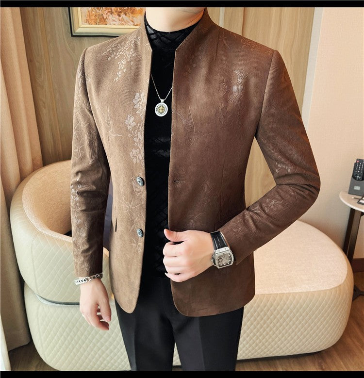 Men's New Chinese Stand Collar Blazer Jacket 2025 Fashion Elegant Printed Slim Fit Business Suits Jacket Tailcoat Men Clothing