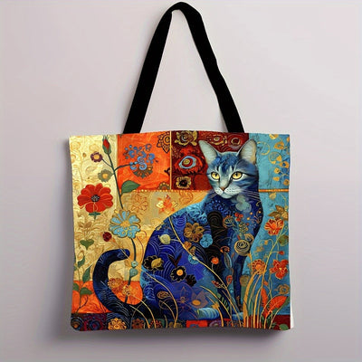 1pc Abstract Cat Tote Bag Cute Quirky Small Animal Shoulder Bag Printed Linen Eco Handbag Shopping Office Reusable Casual Bags