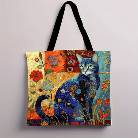 1pc Abstract Cat Tote Bag Cute Quirky Small Animal Shoulder Bag Printed Linen Eco Handbag Shopping Office Reusable Casual Bags