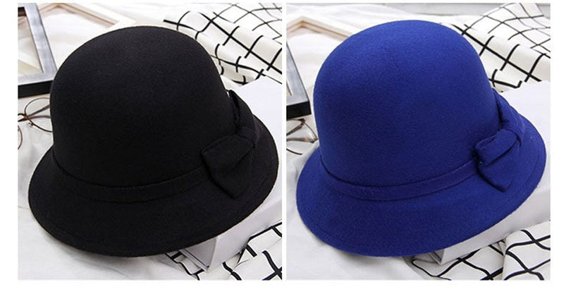 2022 Autumn Winter Fedoras Women Hat Elegant Vintage Bowknot Wool Ladies Hat Dome Felt Wedding Church Jazz Cap Female Bow Bowler