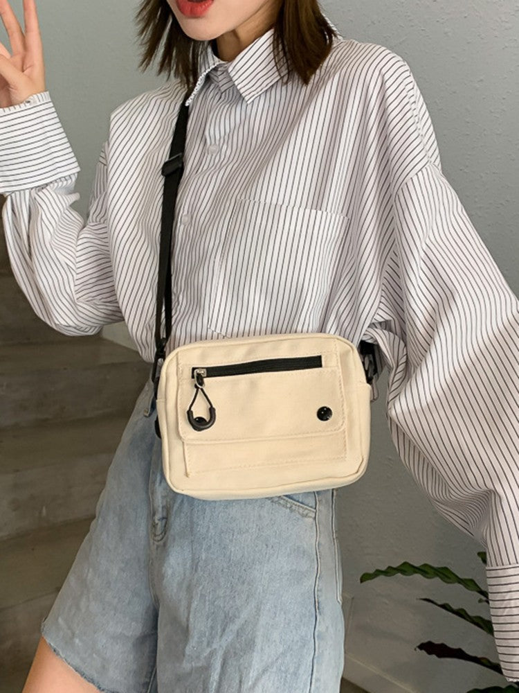 Women Canvas Handbags Korean Mini Student Bag Cell Phone Simple Small Crossbody Casual Ladies Zipper Shoulder Bag