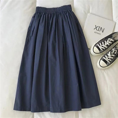 Women Solid Long Skirt Fashion Pockets Pleated Knee Length Skirts Autumn 2025 New Casual Elegant High Waist A Line Femme Skirts