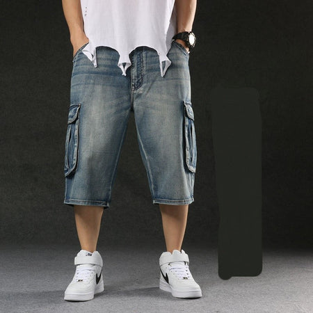 2025 new European and American multi pocket work pants, seven quarter denim shorts, men's wide leg loose oversized trendy brand