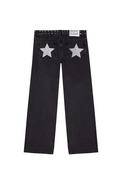 Y2K Women's Straight Leg Jeans Personalized Lucky Star Texture Retro Baggy Jeans Stylish High Street Willow Nail Low Waist Jeans