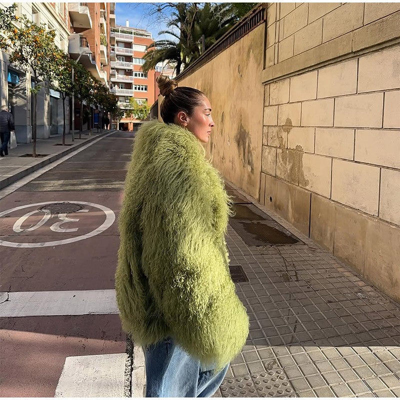 Fashion Solid Plush Faux Fur Coat Women Elegant Warm Long Sleeves Loose Jacket 2025 Lady Winter Chic High Street Outerwear ?
