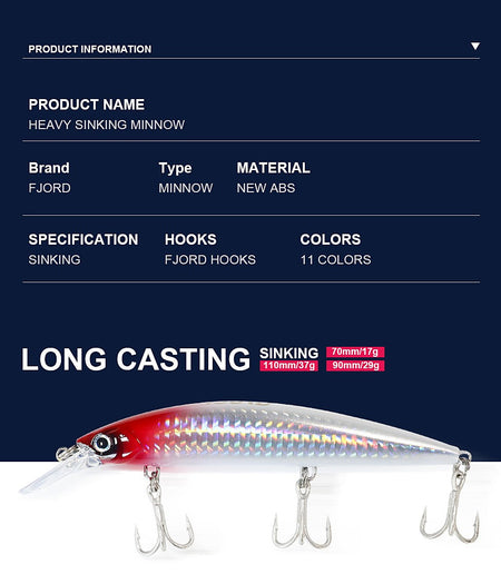 FJORD 110S 37g 90S 29g 70S 17g Heavy Sinking Minnow Fishing Lures Saltwater Freshwater Long Casting Sea Artificial Bait Jerkbait