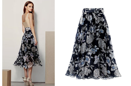 2024 Summer Print Floral Skirts For Women Casual Loose Elastic Waist Plus Size Skirt Belt A-line Chiffon Beach Saias Midi Femme
