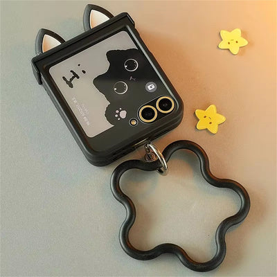 Korean Japan Cute Cat Ears Black Phone Case For For Motorola Razr 60 50ultra Razr 40 Ultra For Samsung Galaxy Z Flip 7/6/5/4/3