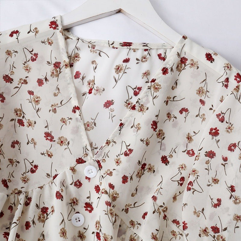 Blouses Women Temperament V Neck Floral Print Sweet Small Fresh Long Sleeves Chiffon Shirt Autumn All-match Short Crop Top