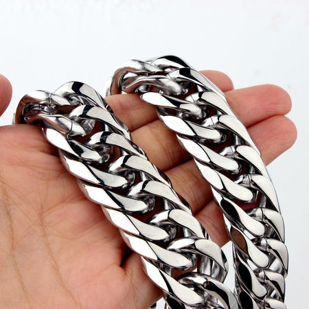 Granny Chic 15mm 7-40inch Gold Color Firm Strong 316L Stainless Steel Jewelry Curb Cuban Link Chain Choker Men's Necklace