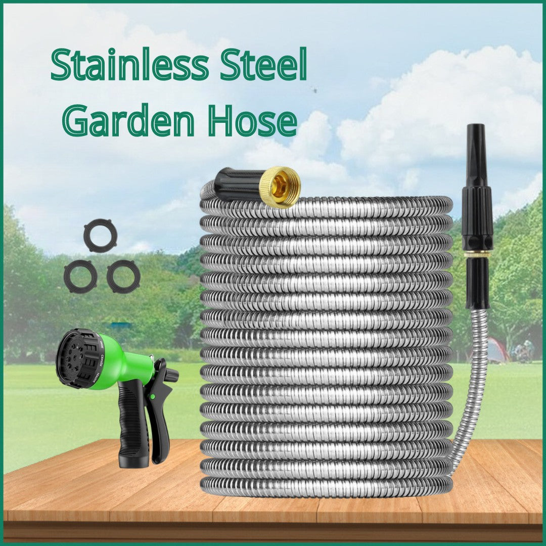 100FT 304 Stainless Steel Garden Hose Metal Heavy Duty Water Hoses with Nozzles for Yard Outdoor  Flexible Never Kink & Tangle