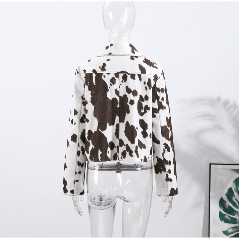 Fashion Women's Cow Print Jacket Lapel Collar Short Length Zipper Button Coats 2025 Autumn Winter Female Trendy Warm Outerwear