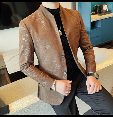 Men's New Chinese Stand Collar Blazer Jacket 2025 Fashion Elegant Printed Slim Fit Business Suits Jacket Tailcoat Men Clothing